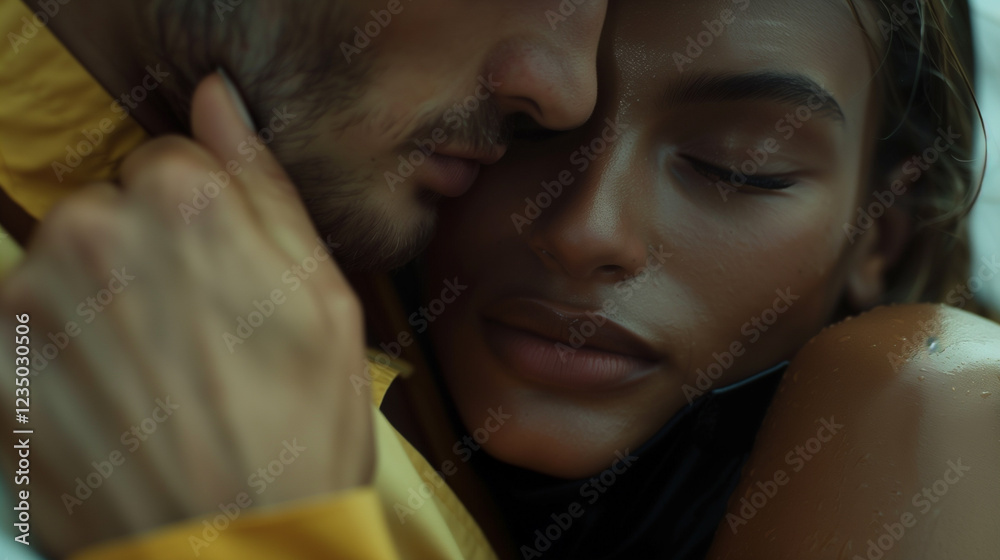Intimate couple sharing a tender moment, with soft focus and moody lighting. Intimate couple sharing a tender moment, with soft focus and moody lighting.