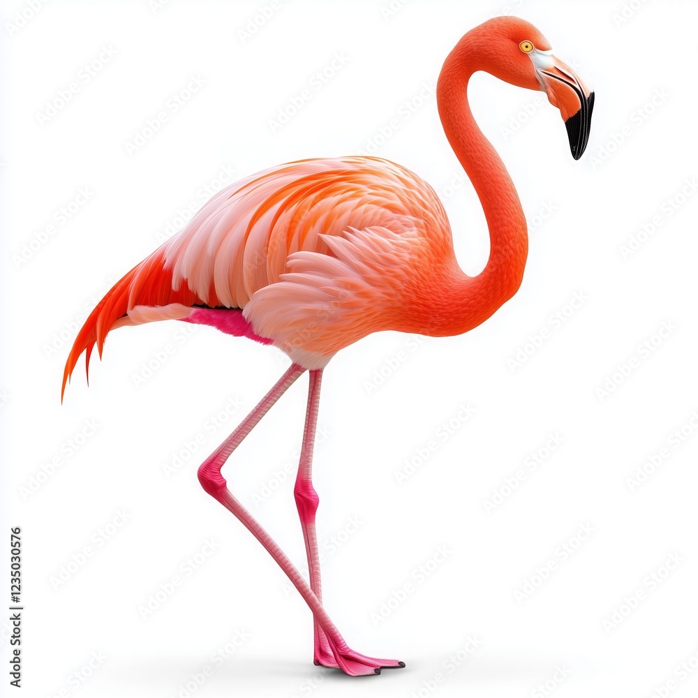Graceful flamingo stands elegantly against a white background displaying its vibrant plumage and slender legs Graceful flamingo stands elegantly against a white background displaying its vibrant plumage and slender legs
