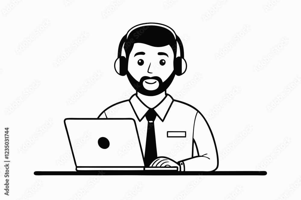 call center man with laptop black and white color call center man with laptop black and white color