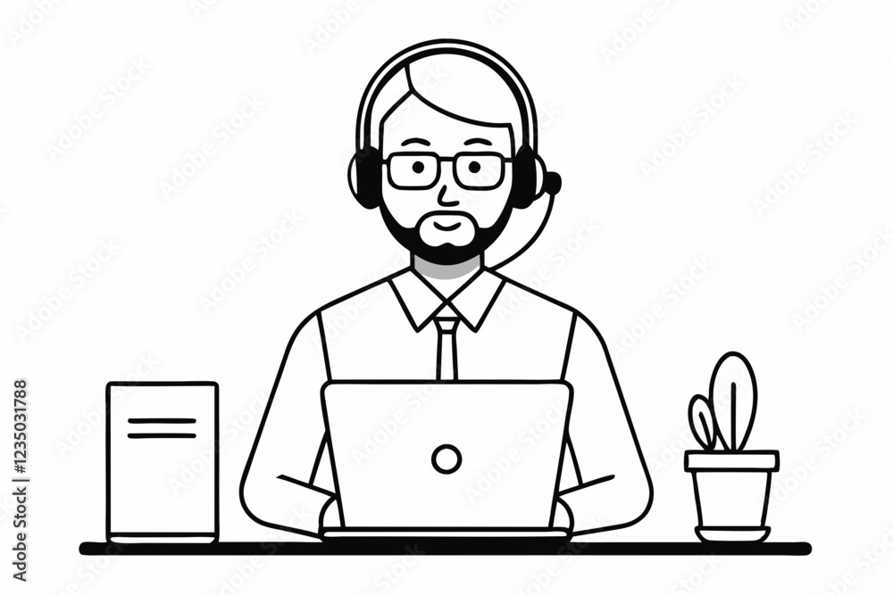 call center man with laptop black and white color call center man with laptop black and white color