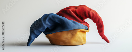 Colorful jester hat with red, blue, and yellow fabrics in playful folded design