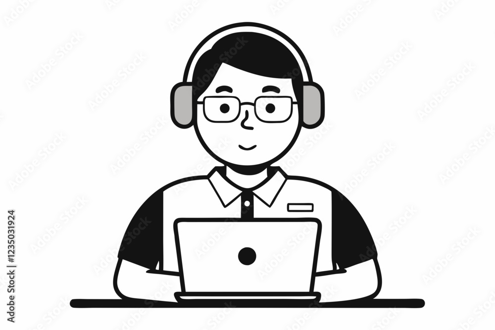 call center man with laptop black and white color call center man with laptop black and white color