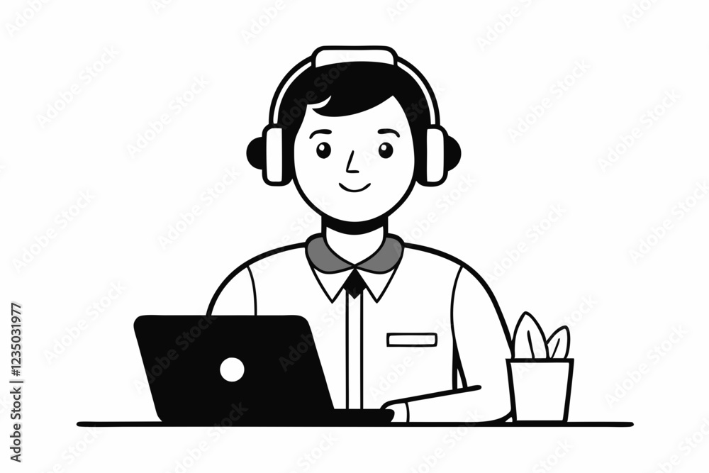call center man with laptop black and white color call center man with laptop black and white color