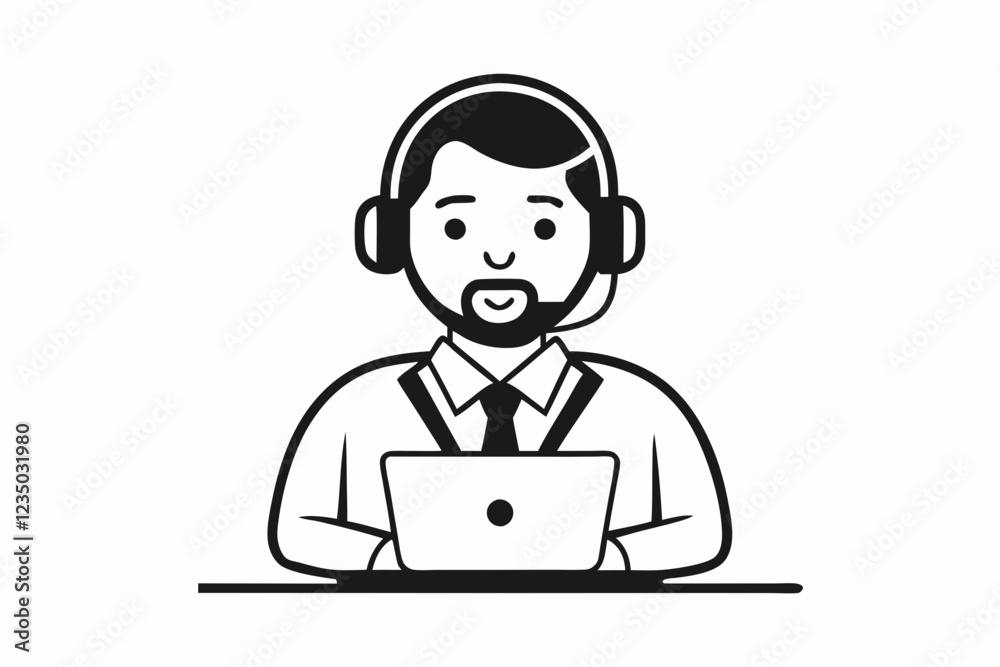 call center man with laptop black and white color call center man with laptop black and white color