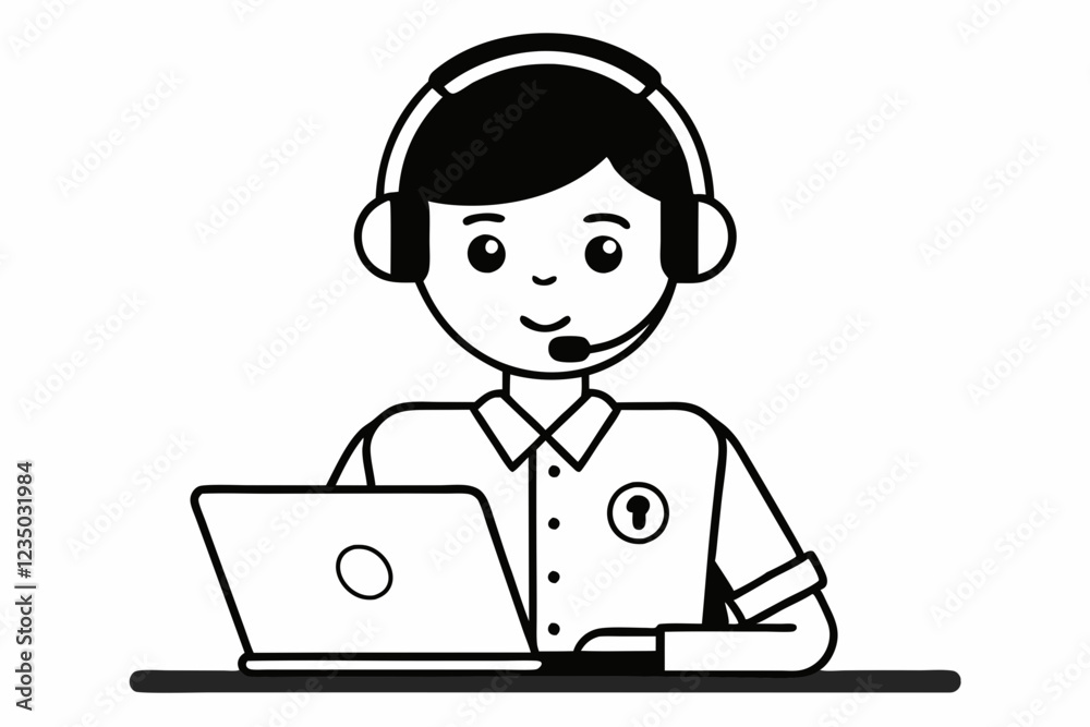 call center man with laptop black and white color call center man with laptop black and white color