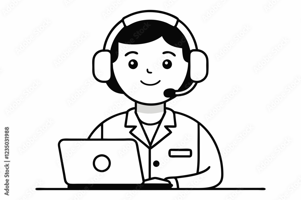 call center man with laptop black and white color call center man with laptop black and white color