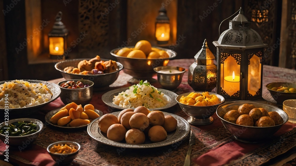 Delicious iftar meal with dates, samosas and soup on the table Delicious iftar meal with dates, samosas and soup on the table