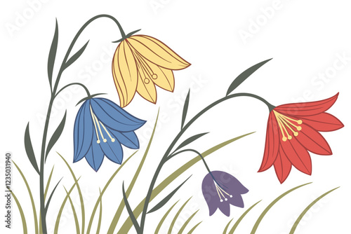 Colorful flower petals, abstract floral arrangement, vibrant hues, artistic composition, macro photography, soft focus edges, white background, petal diversity, blue petal, yellow petal, red petal, pu