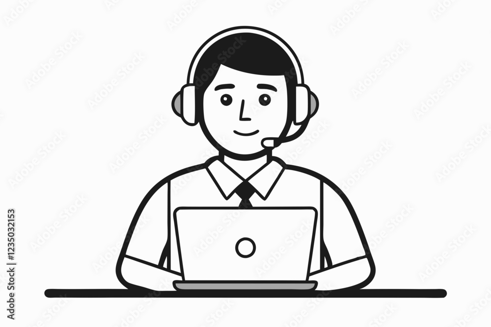 call center man with laptop black and white color call center man with laptop black and white color