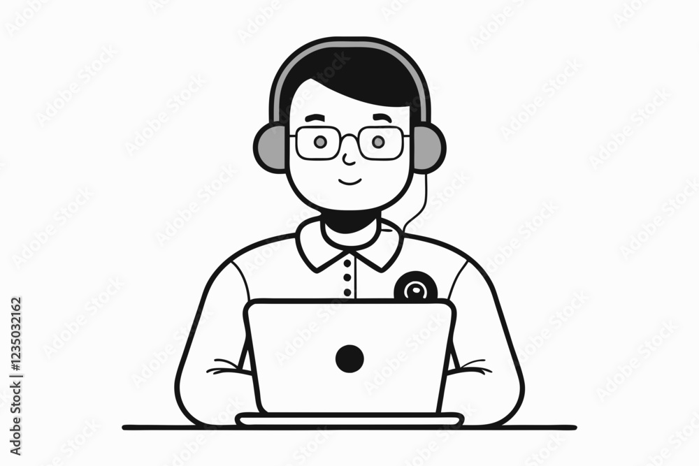 call center man with laptop black and white color call center man with laptop black and white color