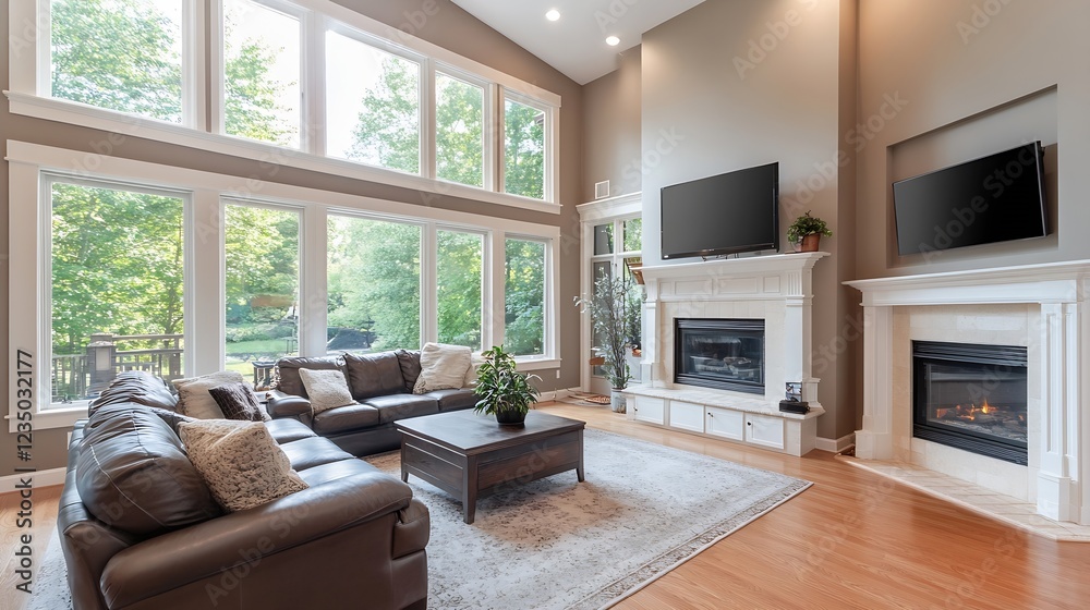 Luxurious Living Room with Large Windows and Elegant Design Providing Comfort and Natural Light : Generative AI Luxurious Living Room with Large Windows and Elegant Design Providing Comfort and Natural Light : Generative AI