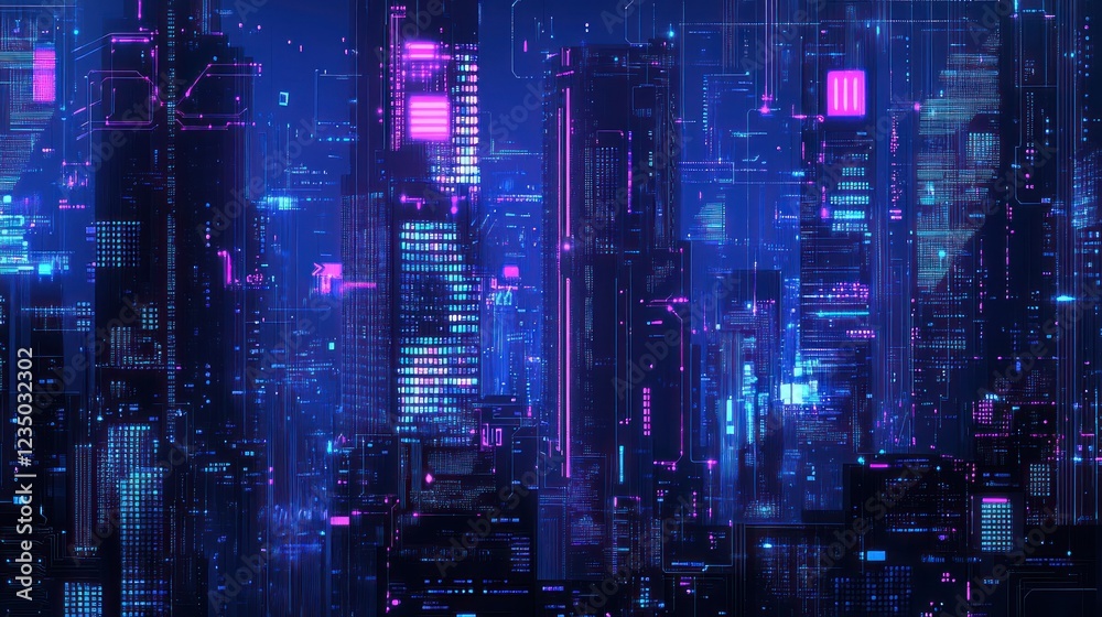 Cityscape at night with bright lights, for tech backgrounds, websites, presentations, and wallpapers Cityscape at night with bright lights, for tech backgrounds, websites, presentations, and wallpapers