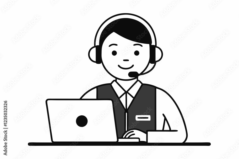 call center man with laptop black and white color call center man with laptop black and white color