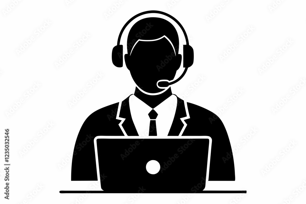 call center man with laptop black and white color call center man with laptop black and white color