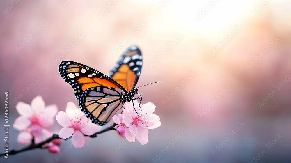 Obraz premium Monarch butterfly on pink blossom, spring garden, sunrise