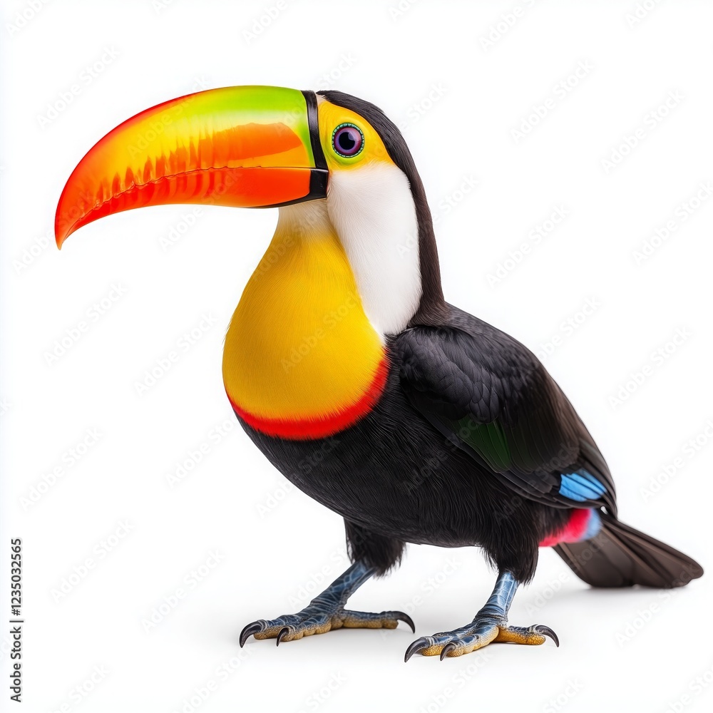 Colorful toucan perched against a white background showcasing its vibrant beak and striking plumage Colorful toucan perched against a white background showcasing its vibrant beak and striking plumage