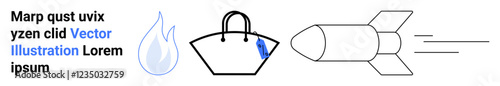 Flame drop, minimalist tote bag with a droplet design, and a rocket symbolizing movement and speed. Ideal for innovation, sustainability, travel, creativity, branding, design flat landing page
