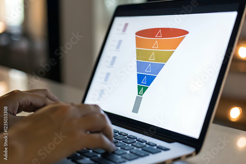 A person typing on a laptop, displaying a colorful funnel chart, likely related to marketing or sales processes.