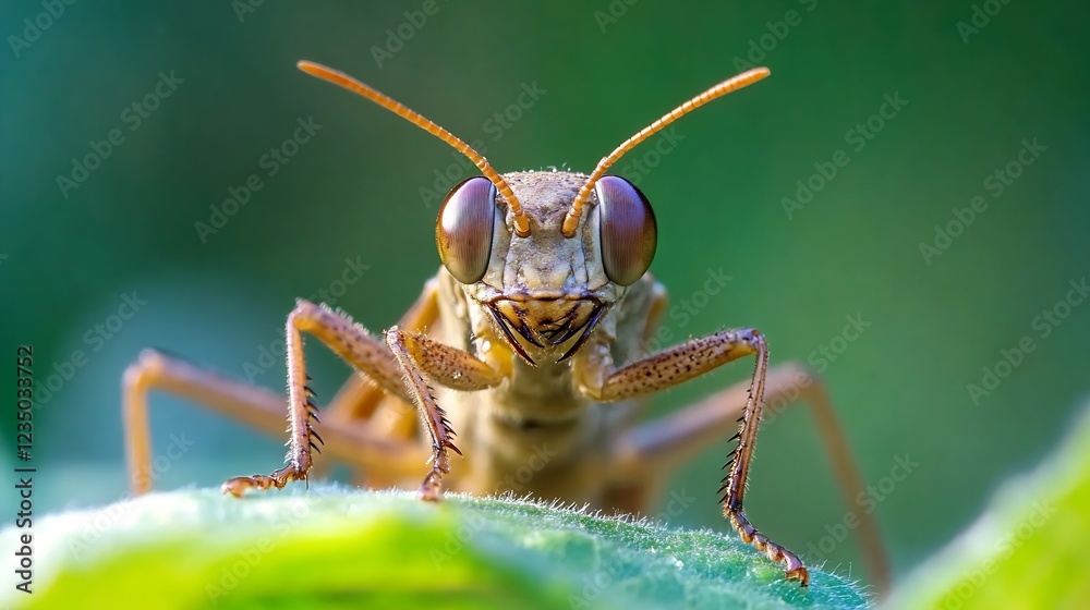 Fototapeta premium Close Up of Brown Grasshopper on Leaf Displaying Intricate Details and Vibrant Colors in Natural Habitat : Generative AI