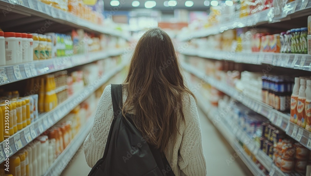 A woman walks through the aisles of a supermarket, showcasing the abundance of products and the everyday experience of grocery shopping.