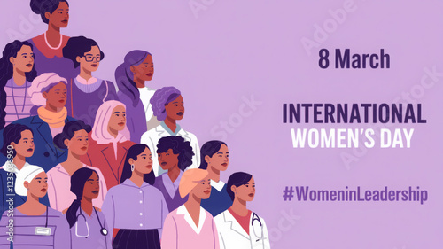International Women's Day. Women in leadership, woman empowerment, gender equality, girl power concepts. Crowd of women of diverse age, races and occupation. Vector horizontal banner.