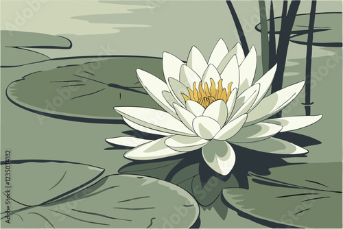  White lotus flower, large petals, golden center, green lily pad, serene water surface, photorealistic botanical illustration, soft lighting, high detail, elegant composition, tranquil atmosphere, nat