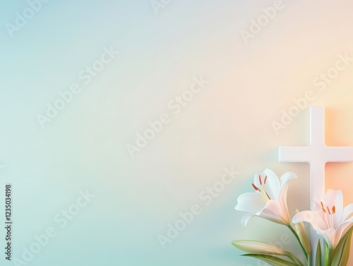 White Cross and Lilies with Pastel Background

