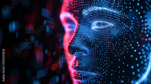 Wallpaper Mural Digital human face concept with blue dots representing artificial intelligence and virtual reality, against a dark background with digital code. Torontodigital.ca