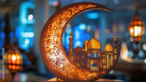 Illuminated crescent moon mosque d?cor, shop display photo