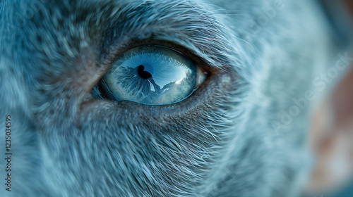 Close-up of a blue-eyed dog's face with a blurred background.