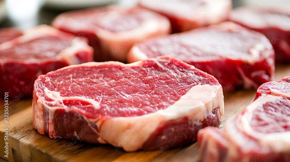 Fresh Raw Beef Steaks Ready for Cooking or Grilling on a Wooden Board : Generative AI