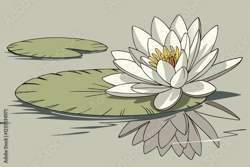  White lotus flower, large petals, golden center, green lily pad, serene water surface, photorealistic botanical illustration, soft lighting, high detail, elegant composition, tranquil atmosphere, nat