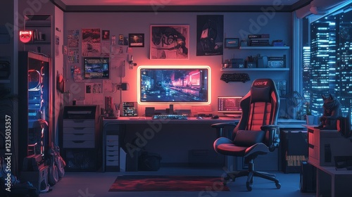 Neon Lit Gamer Room with City Night View photo