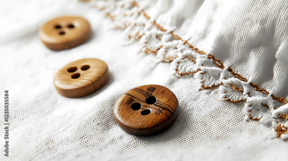 Three wooden buttons are on a white cloth. generated using AI Three wooden buttons are on a white cloth. generated using AI