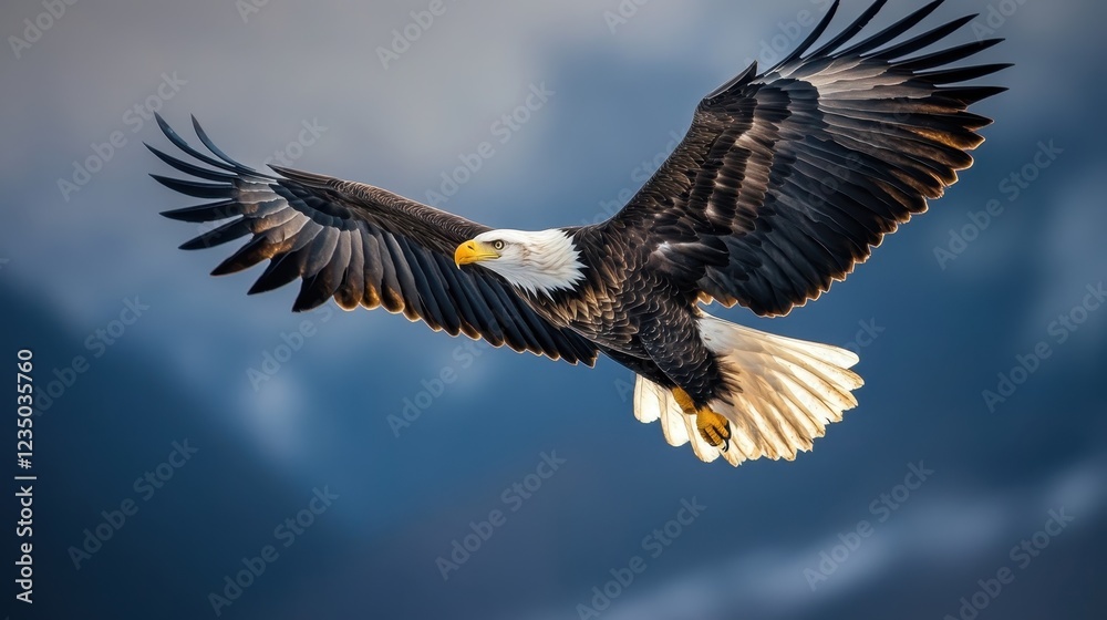 Obraz premium Majestic eagle soaring through a scenic backdrop at dusk revealing nature's beauty in flight