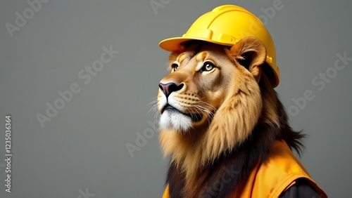 Funny animal - lion in yellow helmet on gray background