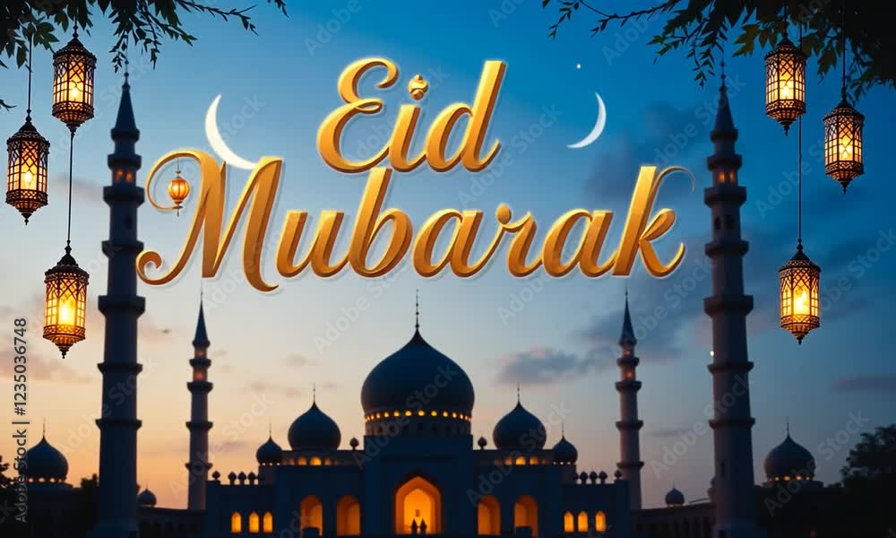 Eid Mubarak Text Effect Islamic Design, Hanging Ramadan Candle Lanterns And Mosque. 4k videos