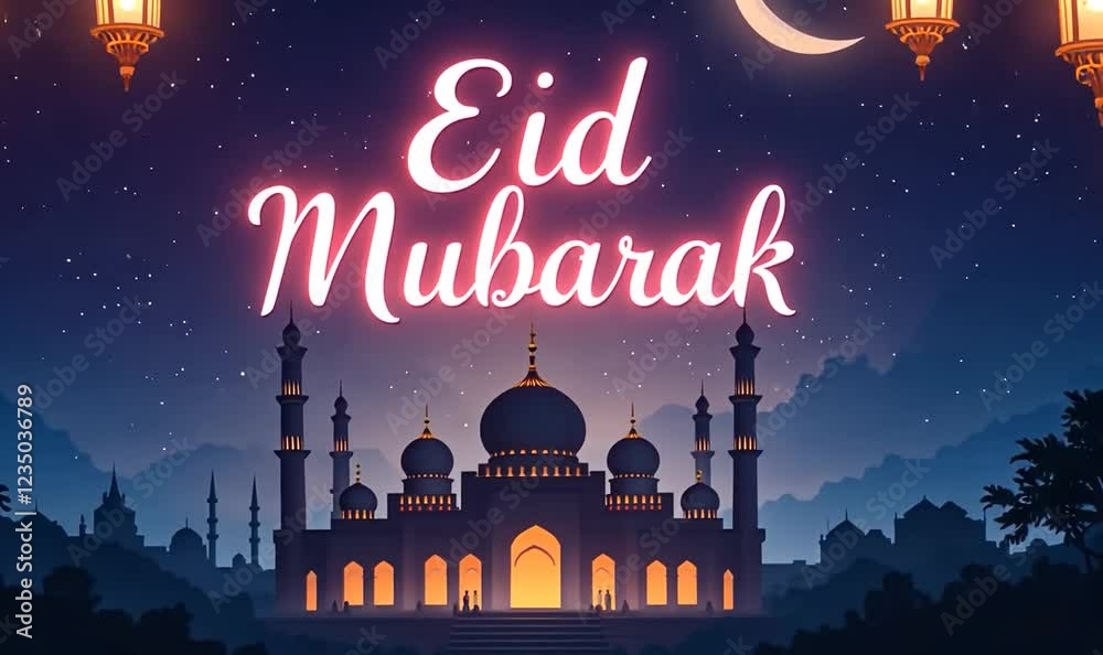 Eid Mubarak Text Effect Islamic Design, Hanging Ramadan Candle Lanterns And Mosque. 4k videos
