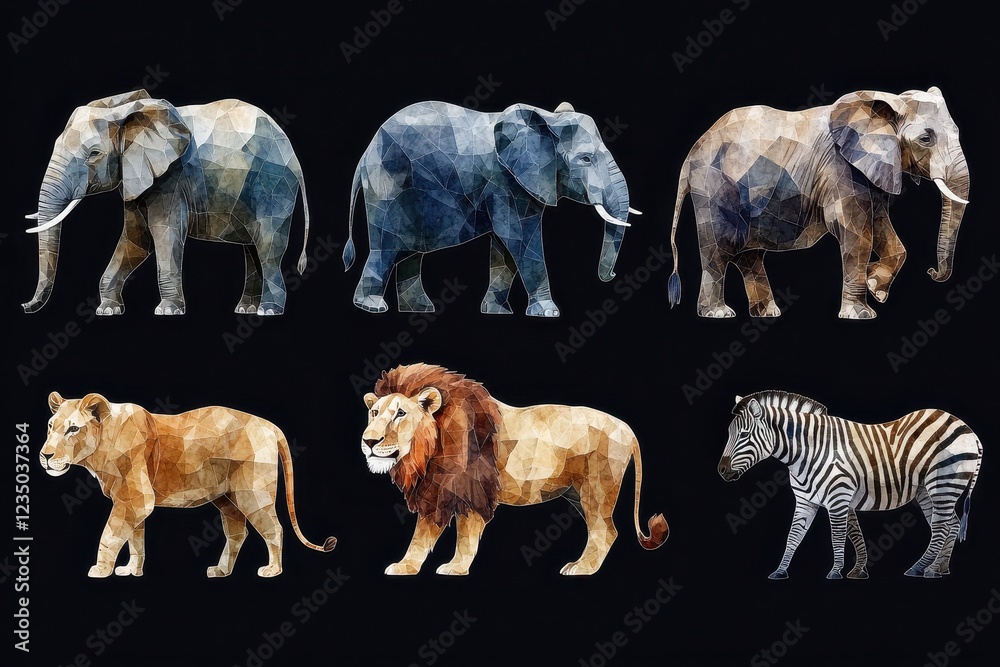 Naklejka premium A geometric illustration of various animals in a colorful style.