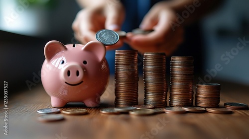 Hands counting coins next to a pink piggy bank on a wooden table with soft lighting photo