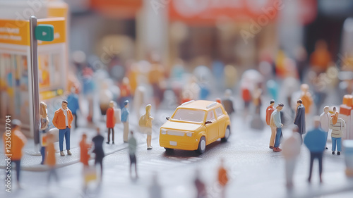 vibrant city scene featuring miniature people and yellow car, capturing hustle and bustle of urban life. colorful figures create lively atmosphere