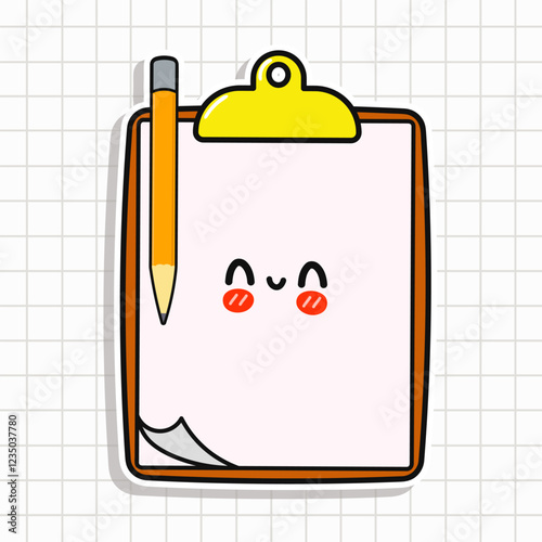 Cute Kawaii Clipboard with Pencil Cartoon Office Illustration