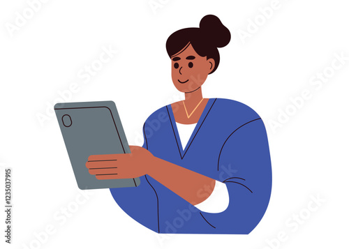 A woman holds a digital tablet computer in her hands. A thoughtful adult looks at a tablet device, reads and smiles. An employee is working with a gadget in his hand. Flat vector illustration