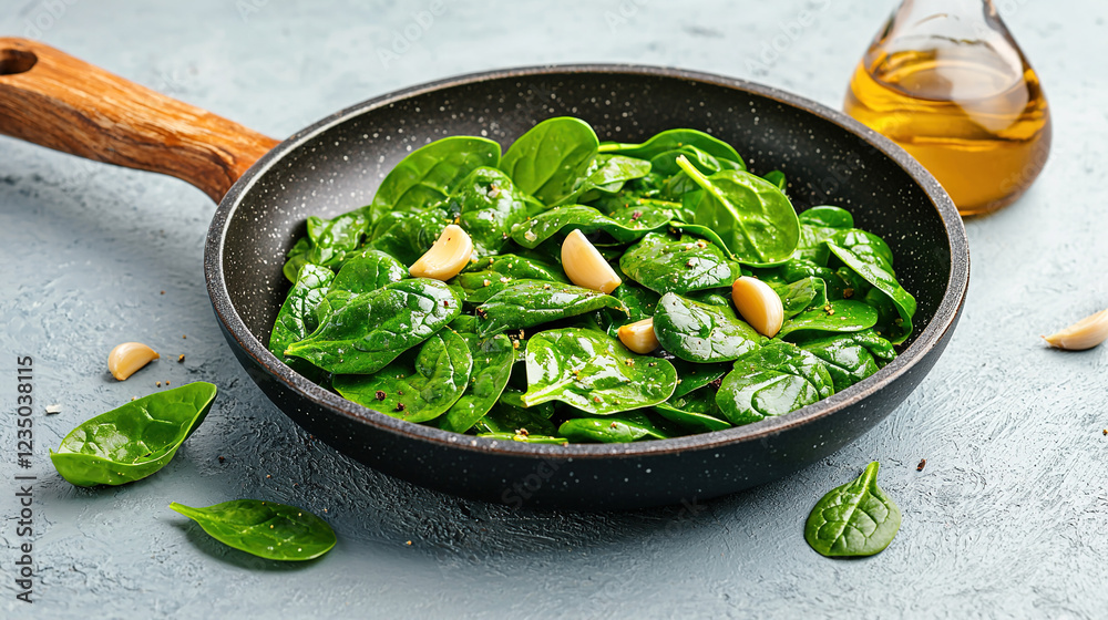 Sautéed spinach with garlic and olive oil, served in a small pan, soft natural light in food photography
Sautéed spinach with garlic and olive oil, served in a small pan, soft natural light in food photography