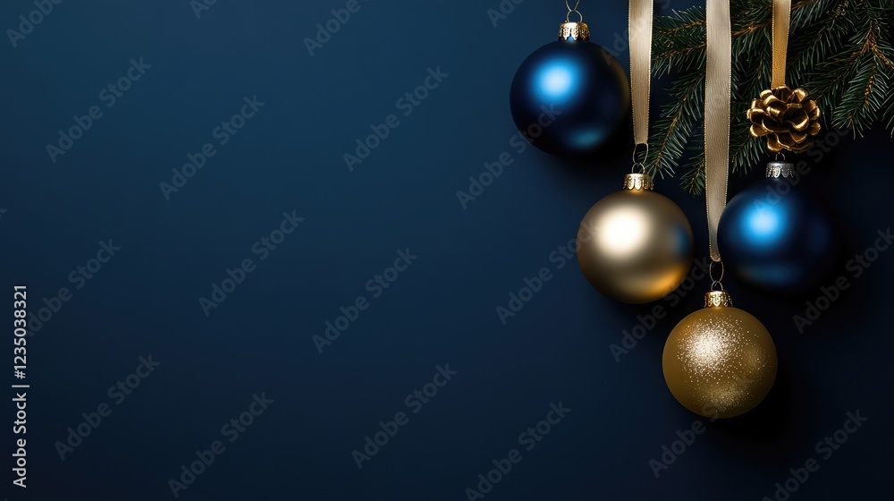 Christmas and New Year minimalistic background. Golden and blue Glass Balls hanging on ribbon on Navy blue background with copy space for text. The concept of Christmas and New Year holidays Christmas and New Year minimalistic background. Golden and blue Glass Balls hanging on ribbon on Navy blue background with copy space for text. The concept of Christmas and New Year holidays