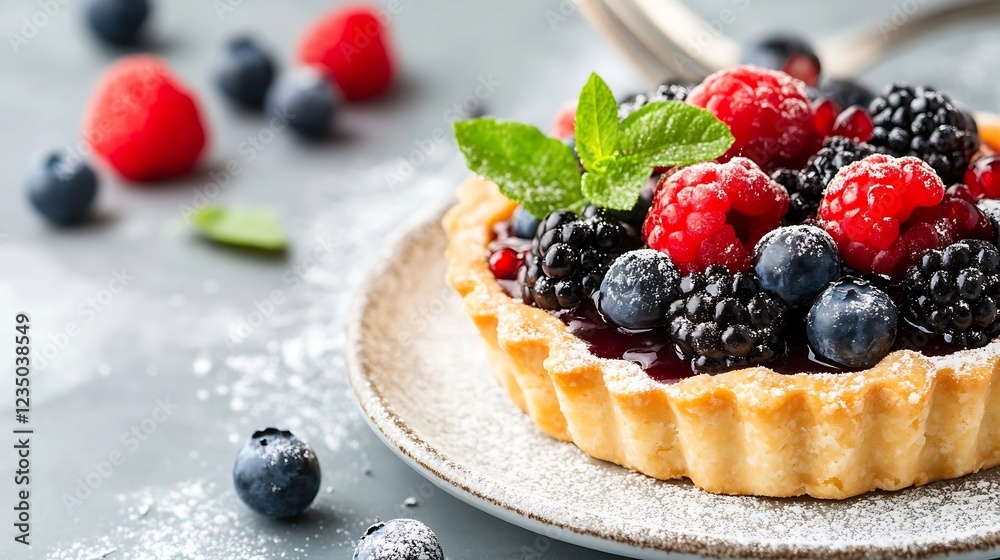 Delicious Berry Tart with Fresh Raspberries and Blueberries on Sweet Pastry Dusting of Icing Sugar : Generative AI Delicious Berry Tart with Fresh Raspberries and Blueberries on Sweet Pastry Dusting of Icing Sugar : Generative AI