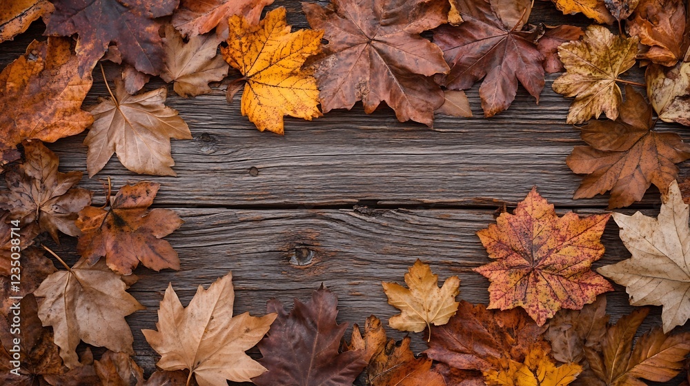 Rustic Wooden Background with Framed Autumn Leaves in Warm Tones : Generative AI Rustic Wooden Background with Framed Autumn Leaves in Warm Tones : Generative AI