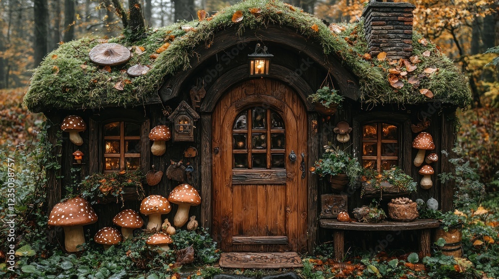 Fototapeta premium Enchanting Moss Covered Cottage In Autumn Woods