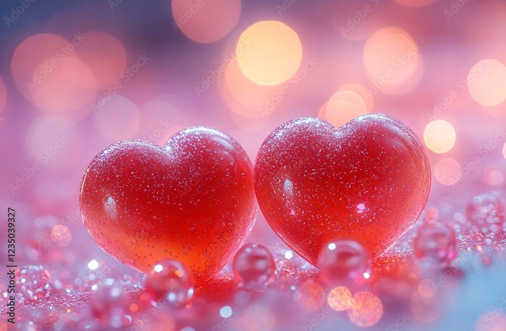 Two red hearts glittery background with bokeh lights Valentine's Day romantic message card Two red hearts glittery background with bokeh lights Valentine's Day romantic message card