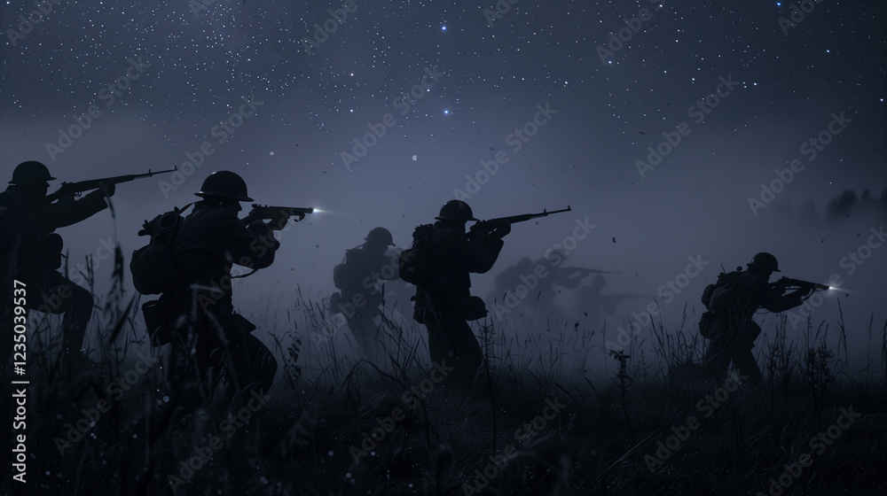 Silhouettes of armed soldiers against a night sky with stars, depicting military action or historical battle reenactment.